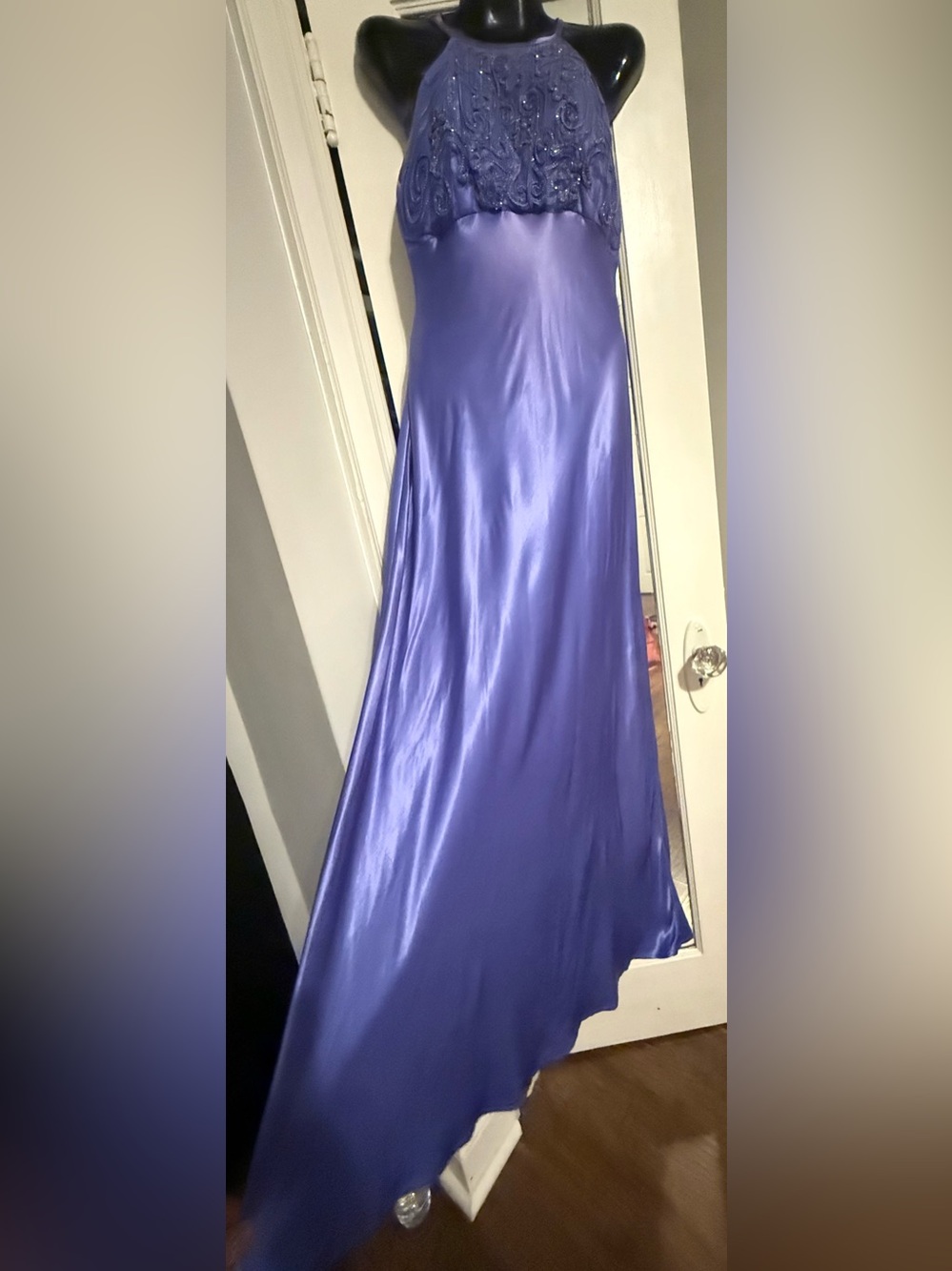 Vintage Morgan & Co Y2K Purple Beaded Halter Satin Formal Prom Maxi Gown 7/8
